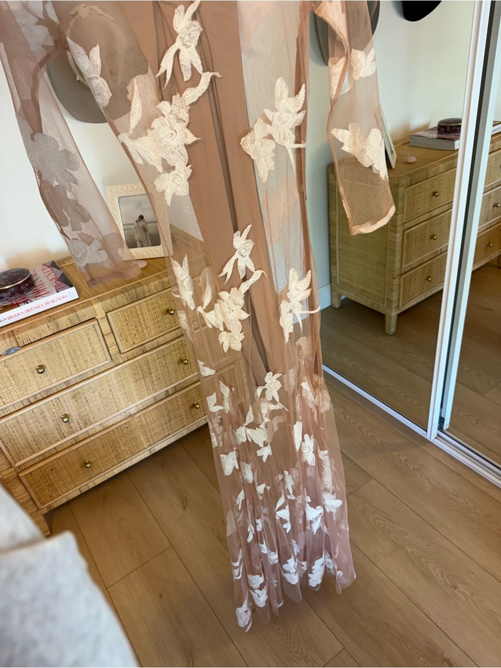 For Love & Lemons Sheer Nude Mesh Maxi Dress with White Floral Appliqué - Picture 2 of 4